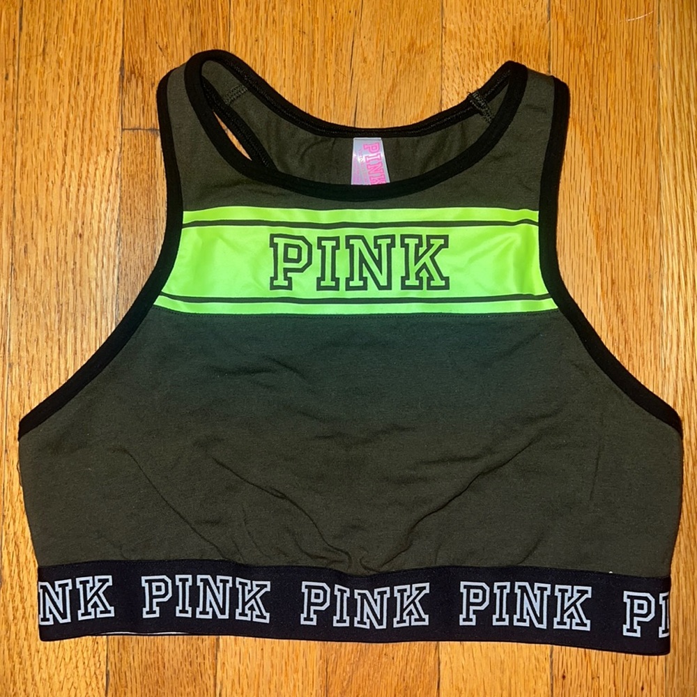 VS PINK Olive/Neon Green High Neck Unlined Sports Bra M (A-C)